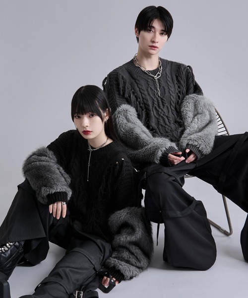 Ellno Loset（エルノロゼット）の「ソデファーケーブルキリカエニット（ニット/セーター・メンズ・チャコール/ブラック・SMALL/MEDIUM/LARGE）」の7枚目の写真