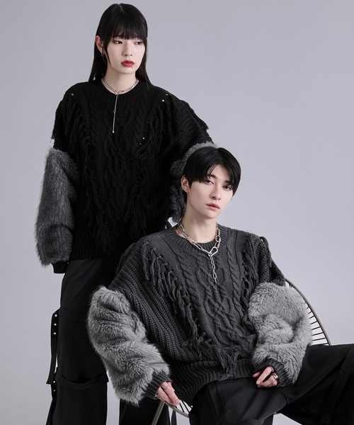 Ellno Loset（エルノロゼット）の「ソデファーケーブルキリカエニット（ニット/セーター・メンズ・チャコール/ブラック・SMALL/MEDIUM/LARGE）」の8枚目の写真