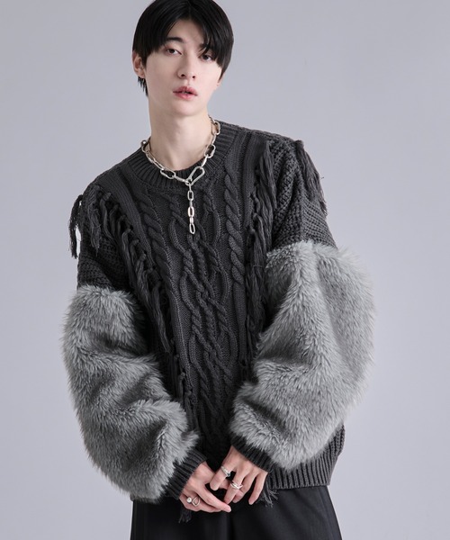 Ellno Loset（エルノロゼット）の「ソデファーケーブルキリカエニット（ニット/セーター・メンズ・チャコール/ブラック・SMALL/MEDIUM/LARGE）」の20枚目の写真