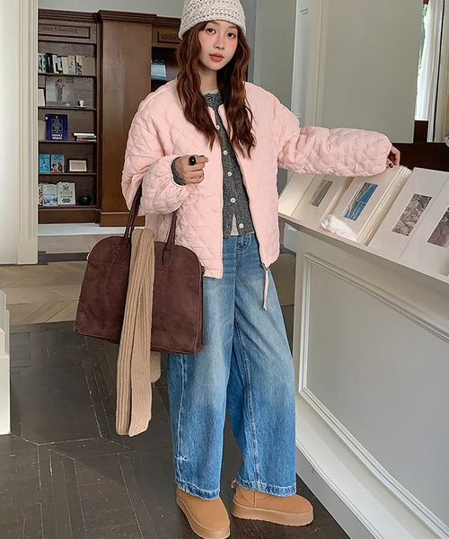 セール】ノーカラーダイヤキルティングジップアップジャケット（ダウン