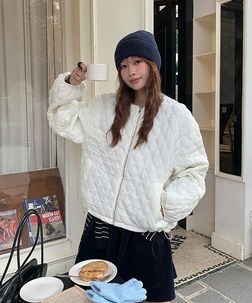 セール】ノーカラーダイヤキルティングジップアップジャケット（ダウン