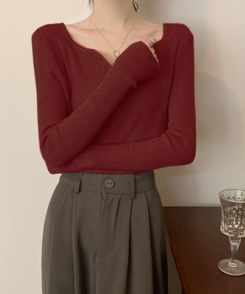 Miniministore（ミニミニストア）の「キーネック タイトリブニット 韓国風（ニット/セーター・レディース・ワインレッド/ブラック/ホワイト/アイボリー・FREE）」の7枚目の写真