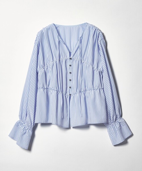 EMMEL REFINES（エメルリファインズ）の「＜EMMEL REFINES＞EM ストライプ ギャザー ブラウス（シャツ/ブラウス・レディース・ライラック/ライトブルー/ホワイト・FREE）」の14枚目の写真
