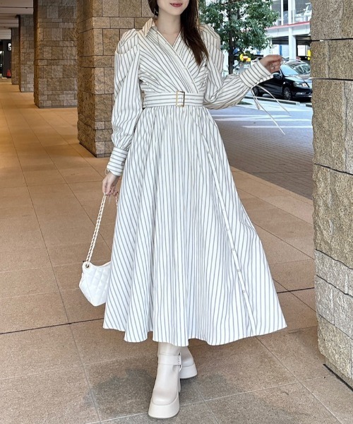カシュクールフレアシャツワンピース 春服（シャツワンピース