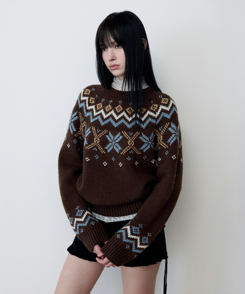 ROLAROLA(ロラロラ)の「JACQUARD NORDIC WOOL KNIT BROWN(ニット/セーター・レディース・ブラウン・FREE)」の1枚目の写真