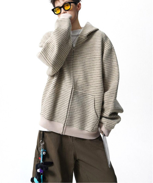 neos(ネオス)の「【neos】ボーダー ジップパーカー メンズ ルーズシルエット きれいめ カジュアル ユニセックス フーディー(パーカー・メンズ・ベージュ/ブラック・MEDIUM/LARGE/X-LARGE)」の11枚目の写真