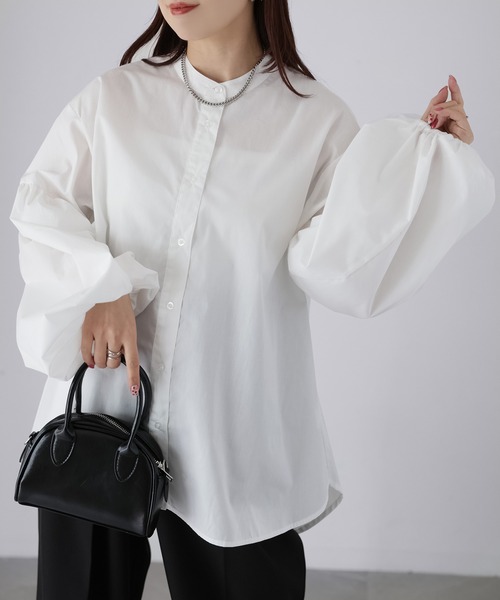 Riberry（リベリー）の「バンドカラー袖ギャザーブラウス（シャツ/ブラウス・レディース・ブラック/サックスブルー/オフホワイト・MEDIUM）」の14枚目の写真