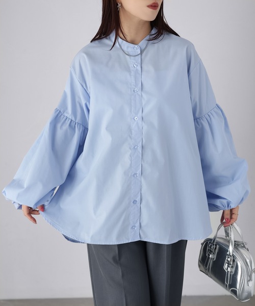 Riberry（リベリー）の「バンドカラー袖ギャザーブラウス（シャツ/ブラウス・レディース・ブラック/サックスブルー/オフホワイト・MEDIUM）」の11枚目の写真