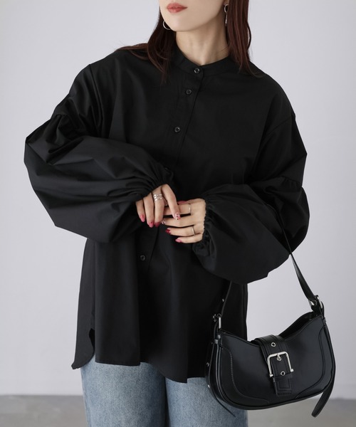 Riberry（リベリー）の「バンドカラー袖ギャザーブラウス（シャツ/ブラウス・レディース・ブラック/サックスブルー/オフホワイト・MEDIUM）」の7枚目の写真