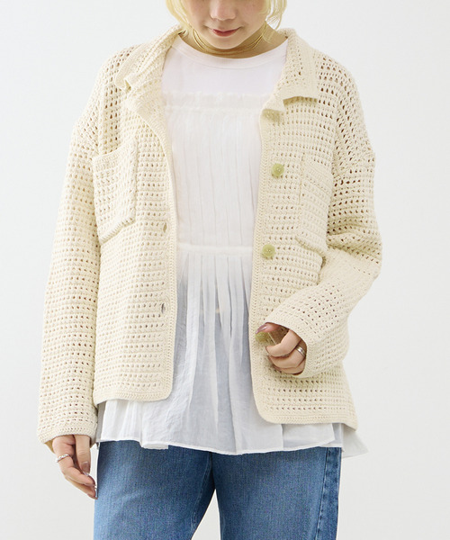 SOFFITTO(ソフィット)の「クロシェ風ニットカーディガン(カーディガン/ボレロ・レディース・ネイビー/オフホワイト・FREE)」の1枚目の写真