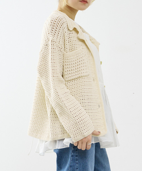 SOFFITTO(ソフィット)の「クロシェ風ニットカーディガン(カーディガン/ボレロ・レディース・ネイビー/オフホワイト・FREE)」の3枚目の写真