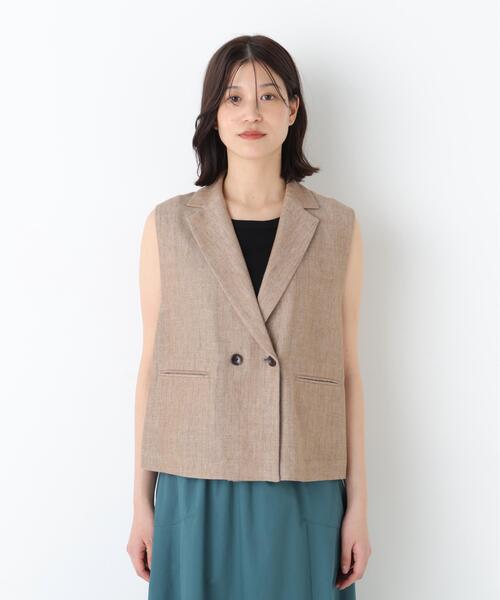 human woman(ヒューマンウーマン)の「◆【定番素材 / ウォッシャブル】ドライタッチリネン混ショートジレ(その他アウター・レディース・ブラック/ベージュ系その他3/グレー・MEDIUM)」の4枚目の写真