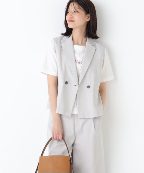 human woman(ヒューマンウーマン)の「◆【定番素材 / ウォッシャブル】ドライタッチリネン混ショートジレ(その他アウター・レディース・ブラック/ベージュ系その他3/グレー・MEDIUM)」の1枚目の写真