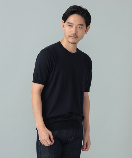 BEAMS F(ビームスエフ)の「JOHN SMEDLEY / HILCOTE ウールコットン クルーネック ショートスリーブ ニット(Tシャツ/カットソー・メンズ・シルバー/ネイビー・MEDIUM/LARGE/SMALL)」の4枚目の写真