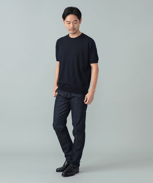 BEAMS F(ビームスエフ)の「JOHN SMEDLEY / HILCOTE ウールコットン クルーネック ショートスリーブ ニット(Tシャツ/カットソー・メンズ・シルバー/ネイビー・MEDIUM/LARGE/SMALL)」の6枚目の写真