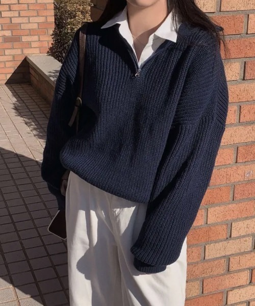 Emilie(エミリー)の「ハーフジップ ハイネックニット プルオーバー(ニット/セーター・レディース・ネイビー/チャコールグレー/クリーム/キャメル/ピンク・FREE)」の17枚目の写真