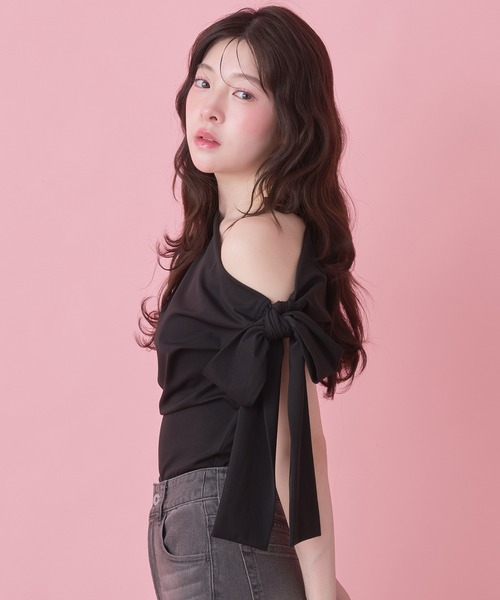 fupel(フぺル)の「side ribbon one-shoulder drape tops /サイドリボンワンショルダードレープトップス(Tシャツ/カットソー・レディース・ブラック/ピンク・FREE)」の15枚目の写真