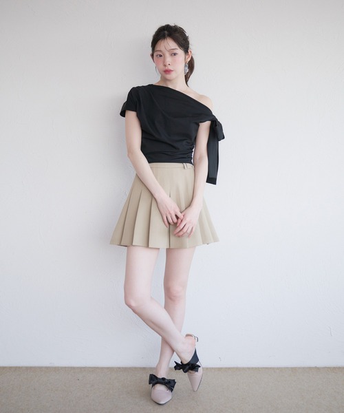 fupel(フぺル)の「side ribbon one-shoulder drape tops /サイドリボンワンショルダードレープトップス(Tシャツ/カットソー・レディース・ブラック/ピンク・FREE)」の7枚目の写真