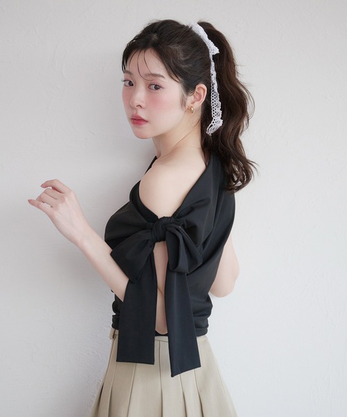 fupel(フぺル)の「side ribbon one-shoulder drape tops /サイドリボンワンショルダードレープトップス(Tシャツ/カットソー・レディース・ブラック/ピンク・FREE)」の5枚目の写真