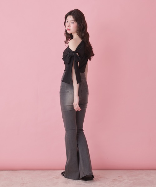 fupel(フぺル)の「side ribbon one-shoulder drape tops /サイドリボンワンショルダードレープトップス(Tシャツ/カットソー・レディース・ブラック/ピンク・FREE)」の3枚目の写真