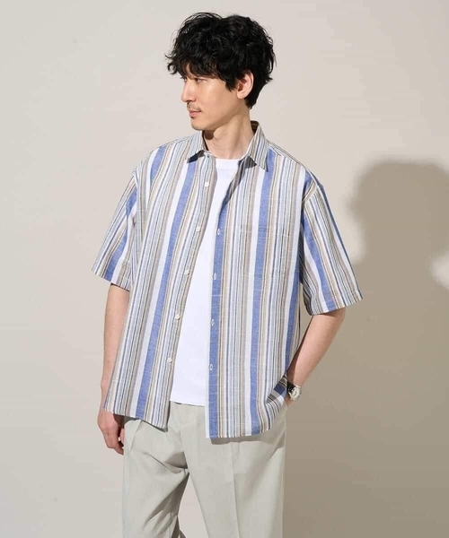 a.v.v（アーヴェヴェ）の「サラッと涼しい 5分袖マルチストライプワイドシルエットシャツ【洗濯機で洗える】（シャツ/ブラウス・メンズ・レッド/ブルー・48/46）」の13枚目の写真