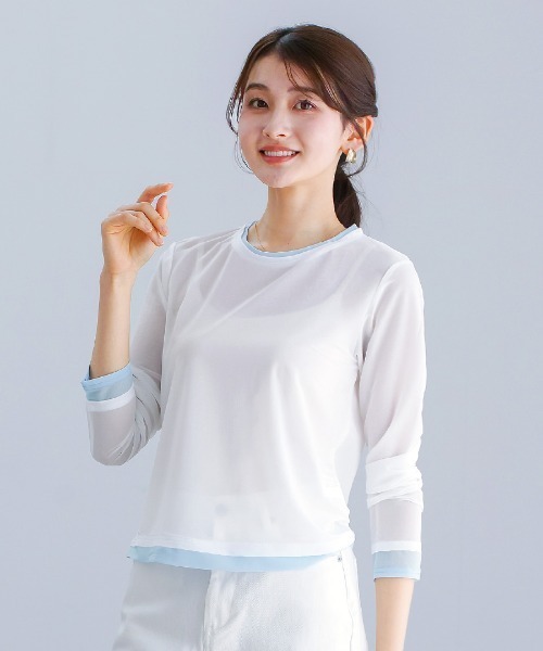 White Collection(ホワイトコレクション)の「【 抜け感で魅せる 】 強撚シアー・配色カットソー(Tシャツ/カットソー・レディース・ホワイト/サックスブルー/ブラック・M)」の2枚目の写真