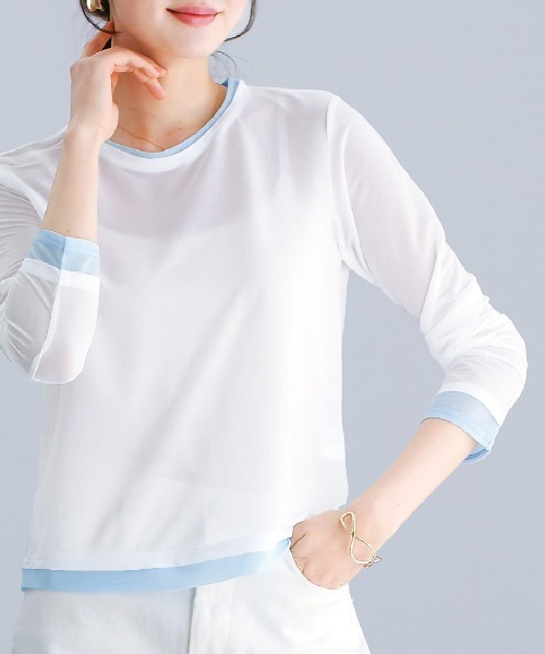 White Collection(ホワイトコレクション)の「【 抜け感で魅せる 】 強撚シアー・配色カットソー(Tシャツ/カットソー・レディース・ホワイト/サックスブルー/ブラック・M)」の4枚目の写真