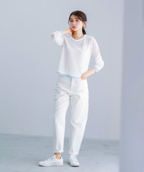 White Collection(ホワイトコレクション)の「【 抜け感で魅せる 】 強撚シアー・配色カットソー(Tシャツ/カットソー・レディース・ホワイト/サックスブルー/ブラック・M)」の5枚目の写真