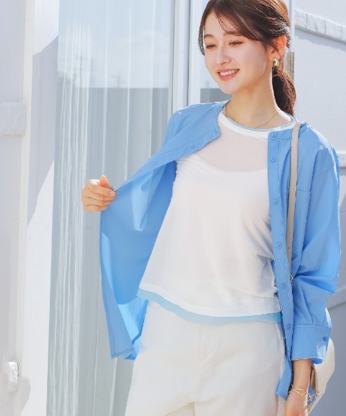 White Collection(ホワイトコレクション)の「【 抜け感で魅せる 】 強撚シアー・配色カットソー(Tシャツ/カットソー・レディース・ホワイト/サックスブルー/ブラック・M)」の7枚目の写真