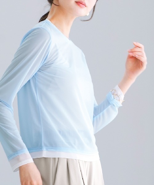 White Collection(ホワイトコレクション)の「【 抜け感で魅せる 】 強撚シアー・配色カットソー(Tシャツ/カットソー・レディース・ホワイト/サックスブルー/ブラック・M)」の8枚目の写真