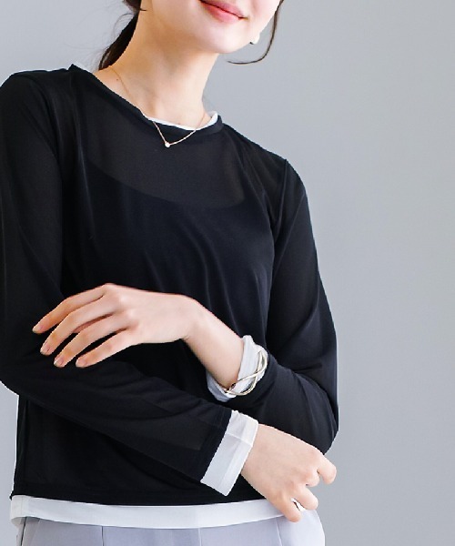 White Collection(ホワイトコレクション)の「【 抜け感で魅せる 】 強撚シアー・配色カットソー(Tシャツ/カットソー・レディース・ホワイト/サックスブルー/ブラック・M)」の12枚目の写真