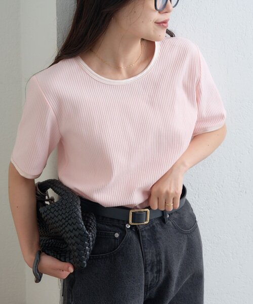 CIAOPANIC TYPY(チャオパニックティピー)の「【ZOZO限定】サテンパイピングリブTee(Tシャツ/カットソー・レディース・ブラウン/ピンク/ブルー/チャコールグレー/ブラック/アイボリー・ONE SIZE)」の6枚目の写真