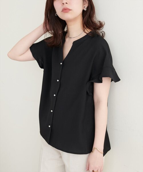 natural couture(ナチュラルクチュール)の「【sherbet line】麻調合繊フリル袖ブラウス(シャツ/ブラウス・レディース・ミント/ネイビー/ブラック/サックスブルー/ライトベージュ/ピンク/グレー・FREE)」の14枚目の写真