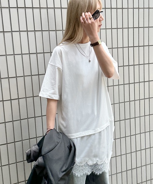 feepur(フェピュール)の「サテンレースドッキングTee(Tシャツ/カットソー・レディース・ブラック/オフホワイト・MEDIUM)」の1枚目の写真