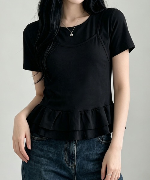 aimoha（アイモハ）の「韓国風フェイクレイヤードペプラムトップス（Tシャツ/カットソー・レディース・ベージュ/ブラック・FREE）」の2枚目の写真