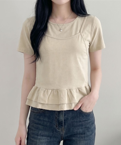 aimoha（アイモハ）の「韓国風フェイクレイヤードペプラムトップス（Tシャツ/カットソー・レディース・ベージュ/ブラック・FREE）」の19枚目の写真