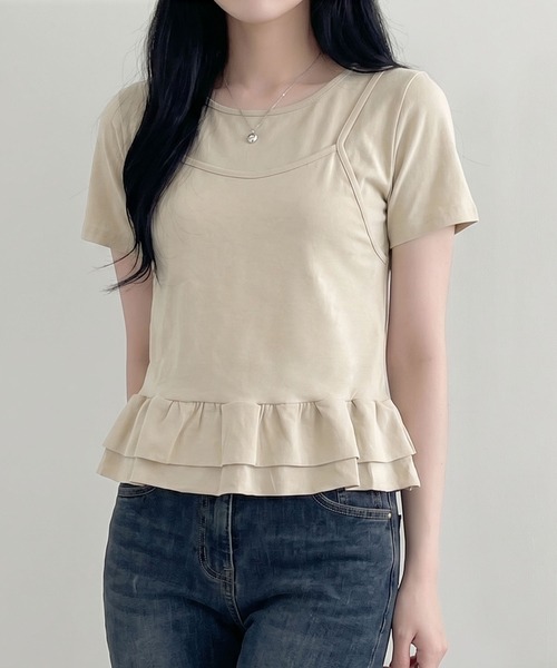 aimoha（アイモハ）の「韓国風フェイクレイヤードペプラムトップス（Tシャツ/カットソー・レディース・ベージュ/ブラック・FREE）」の20枚目の写真