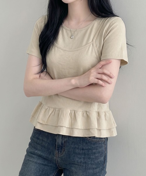 aimoha（アイモハ）の「韓国風フェイクレイヤードペプラムトップス（Tシャツ/カットソー・レディース・ベージュ/ブラック・FREE）」の21枚目の写真