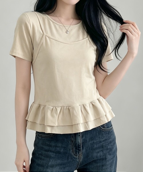 aimoha（アイモハ）の「韓国風フェイクレイヤードペプラムトップス（Tシャツ/カットソー・レディース・ベージュ/ブラック・FREE）」の22枚目の写真