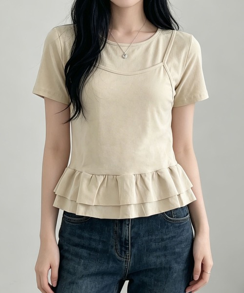 aimoha（アイモハ）の「韓国風フェイクレイヤードペプラムトップス（Tシャツ/カットソー・レディース・ベージュ/ブラック・FREE）」の13枚目の写真