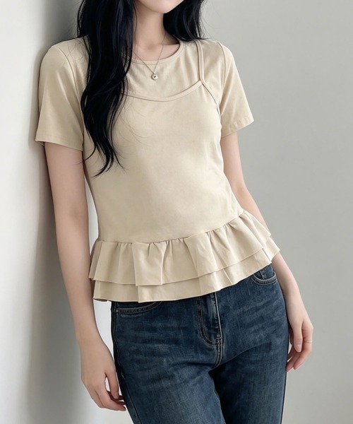 aimoha（アイモハ）の「韓国風フェイクレイヤードペプラムトップス（Tシャツ/カットソー・レディース・ベージュ/ブラック・FREE）」の14枚目の写真