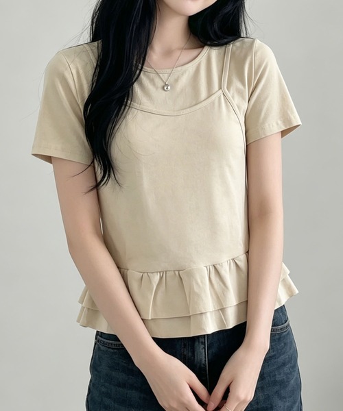 aimoha（アイモハ）の「韓国風フェイクレイヤードペプラムトップス（Tシャツ/カットソー・レディース・ベージュ/ブラック・FREE）」の15枚目の写真