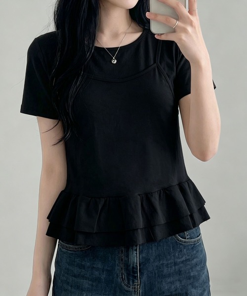 aimoha（アイモハ）の「韓国風フェイクレイヤードペプラムトップス（Tシャツ/カットソー・レディース・ベージュ/ブラック・FREE）」の17枚目の写真