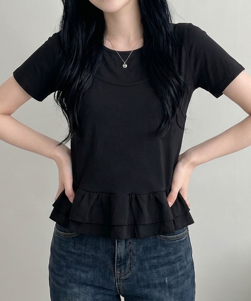 aimoha（アイモハ）の「韓国風フェイクレイヤードペプラムトップス（Tシャツ/カットソー・レディース・ベージュ/ブラック・FREE）」の7枚目の写真