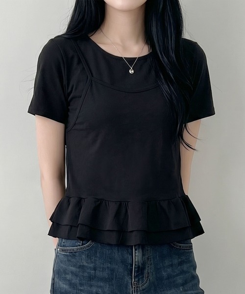 aimoha（アイモハ）の「韓国風フェイクレイヤードペプラムトップス（Tシャツ/カットソー・レディース・ベージュ/ブラック・FREE）」の8枚目の写真