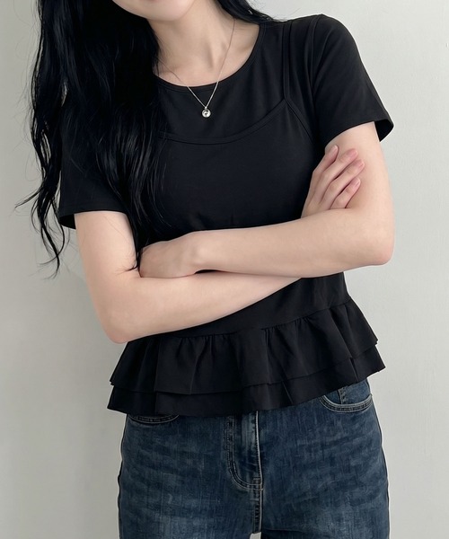 aimoha（アイモハ）の「韓国風フェイクレイヤードペプラムトップス（Tシャツ/カットソー・レディース・ベージュ/ブラック・FREE）」の9枚目の写真