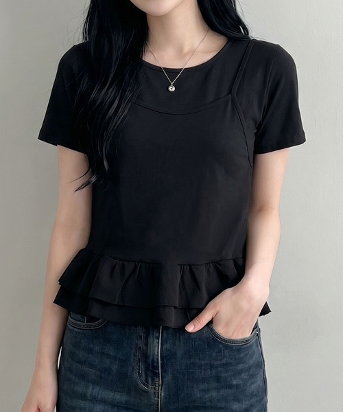 aimoha（アイモハ）の「韓国風フェイクレイヤードペプラムトップス（Tシャツ/カットソー・レディース・ベージュ/ブラック・FREE）」の10枚目の写真