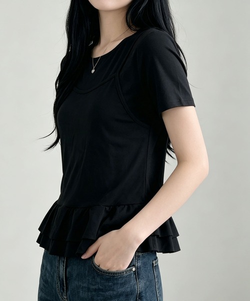 aimoha（アイモハ）の「韓国風フェイクレイヤードペプラムトップス（Tシャツ/カットソー・レディース・ベージュ/ブラック・FREE）」の11枚目の写真