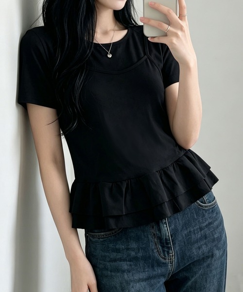 aimoha（アイモハ）の「韓国風フェイクレイヤードペプラムトップス（Tシャツ/カットソー・レディース・ベージュ/ブラック・FREE）」の12枚目の写真
