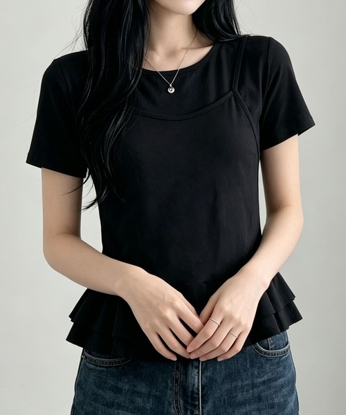aimoha（アイモハ）の「韓国風フェイクレイヤードペプラムトップス（Tシャツ/カットソー・レディース・ベージュ/ブラック・FREE）」の3枚目の写真